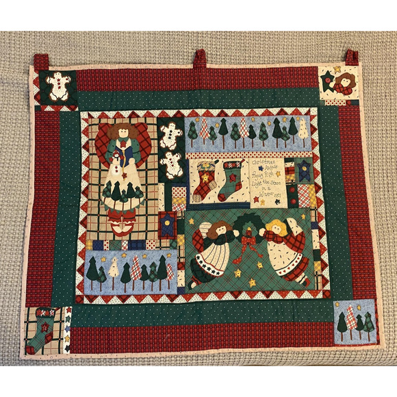 Vintage Christmas Wall Hanging Quilt Angels Gingerbread Stockings 43x36 Handmade - Picture 1 of 12